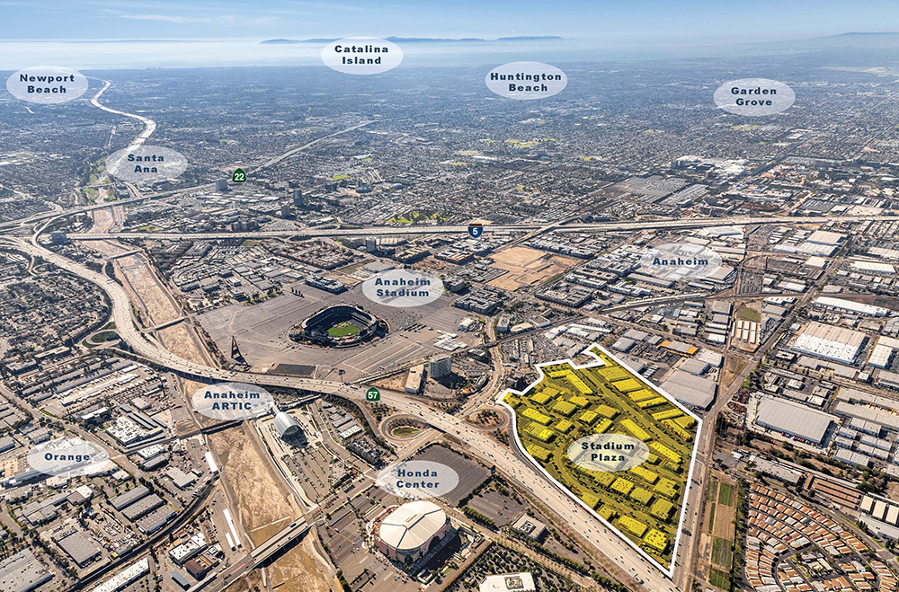 Aerial photograph with Stadium Plaza outlined, showing Angel Stadium, Honda Center, ARTIC and the 5, 57 and 22 Freeways
