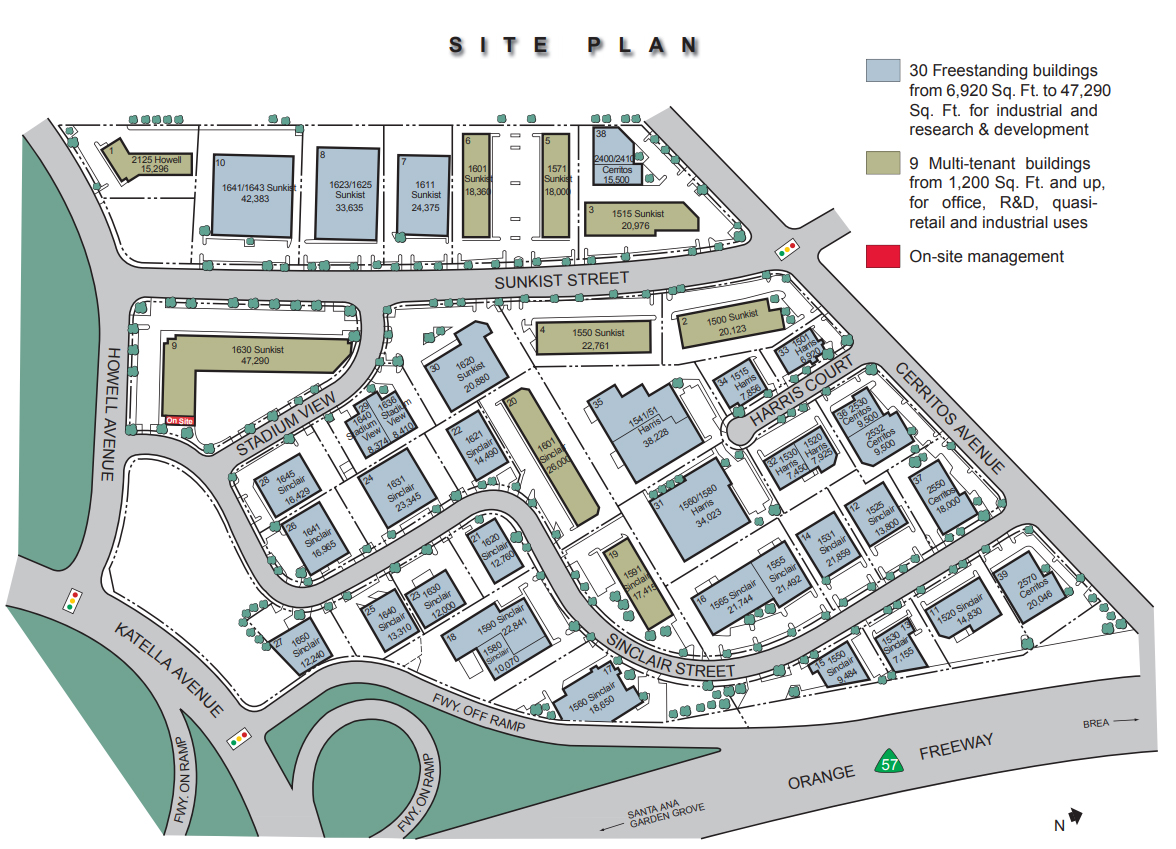 Site plan of Stadium Plaza Business Park showing each building, address and square footage